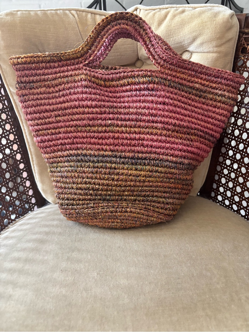 Handwoven Pink and Brown Straw Tote Bag